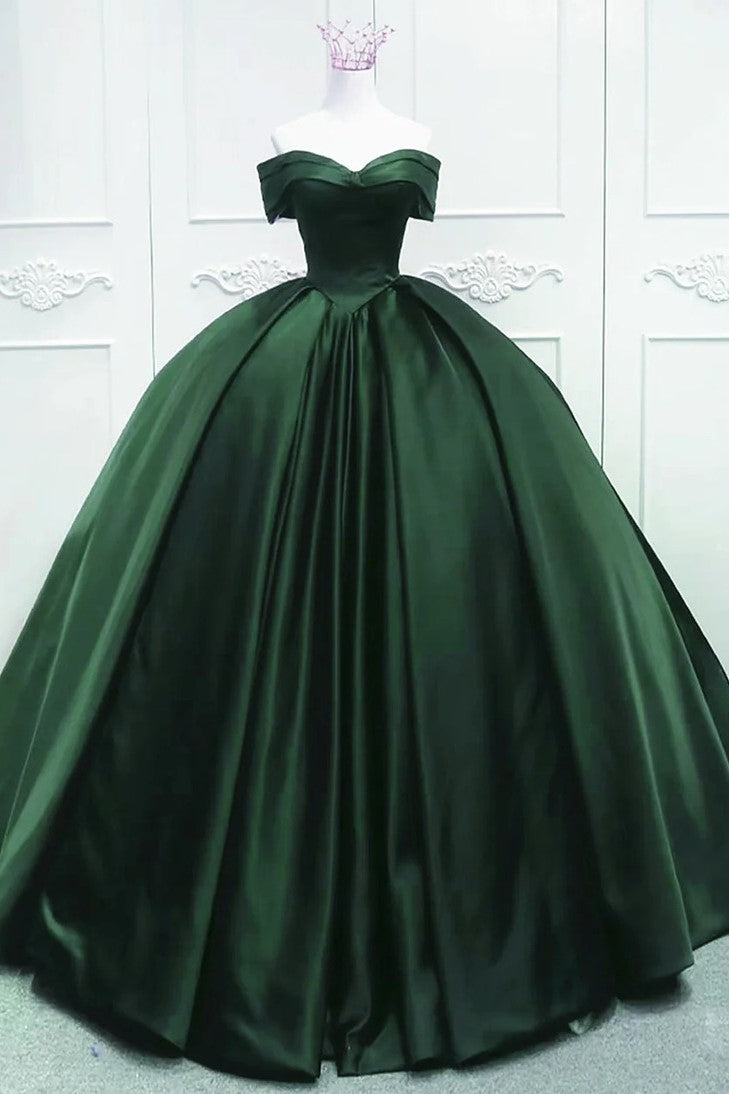 Simple Dark Green Pleats Satin Quinceanera Dresses