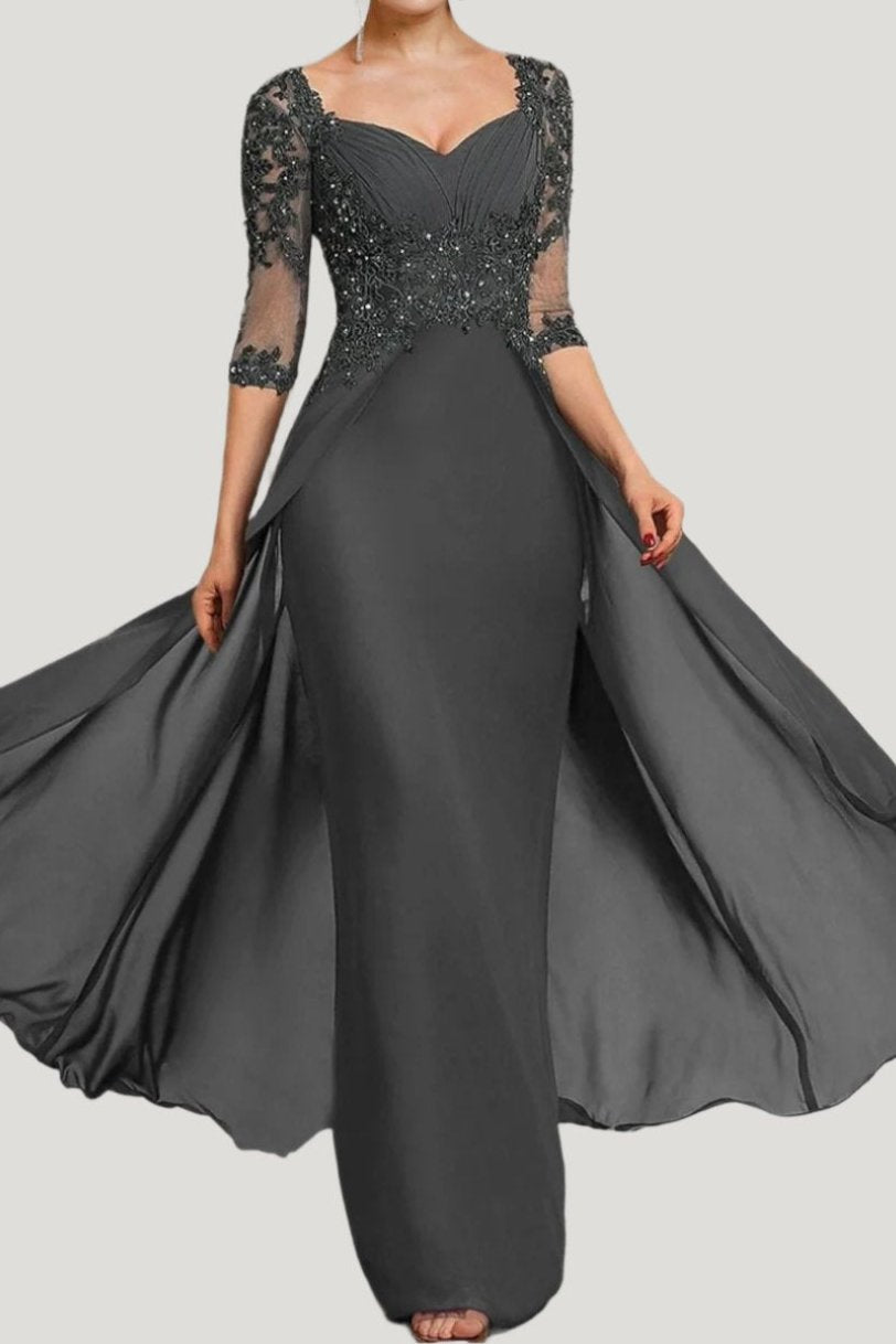 Steel Grey Half Sleeves Floor Length Mother of The Bride Dresses