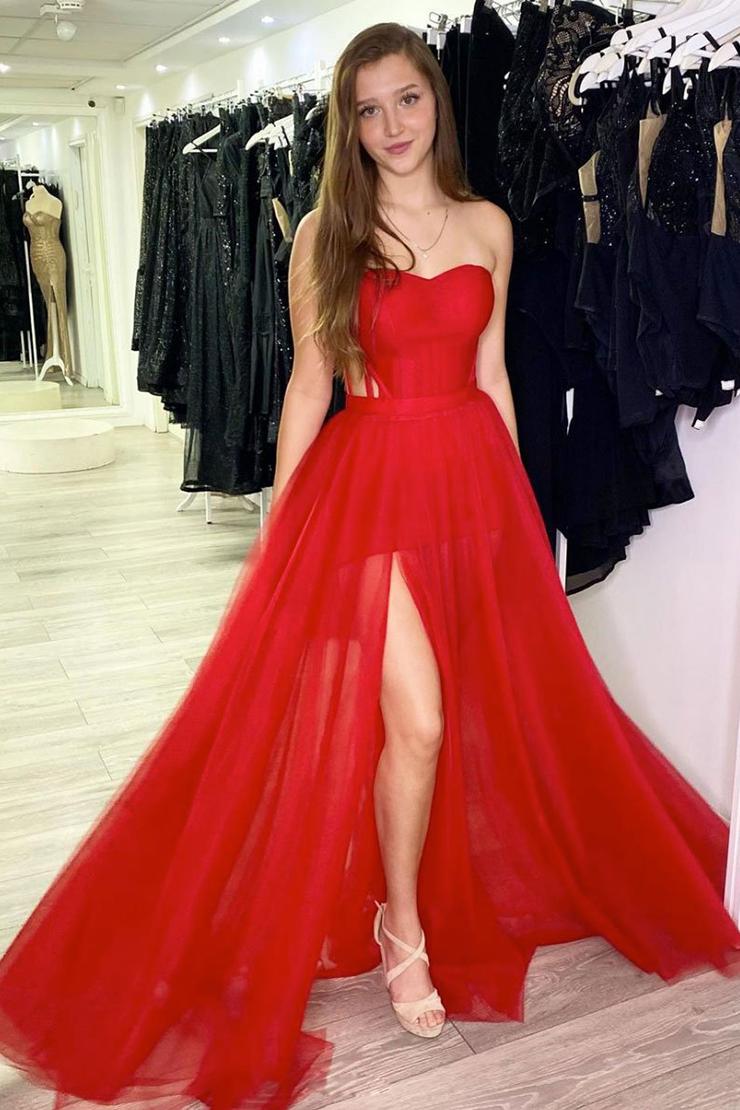 A-line Sweetheart Sleeveless Long/Floor-Length Tulle Prom Dress