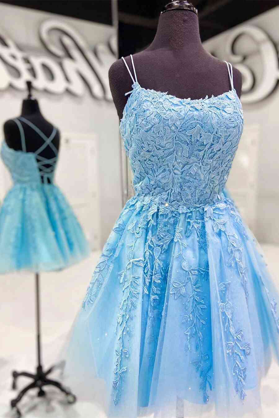 Blue A line Spaghetti Straps Lace Short Prom Dresses Homecoming Dress