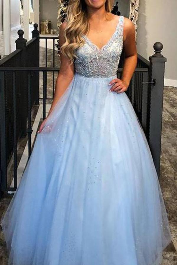 Sky Blue V neck Charming Beaded Tulle A Line Ball Dresses Junior Prom