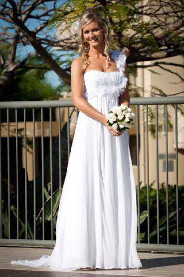 One Shoulder Empire Waist Tea Length Wedding Dress