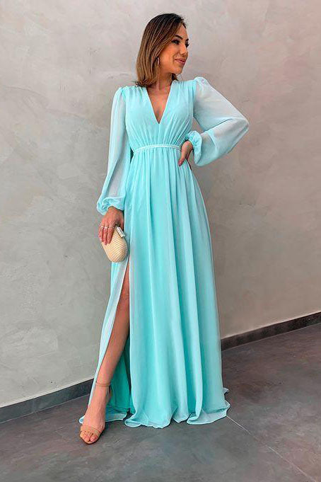 Black Simple A-line V-neck Chiffon Evening Dresses With Slit Long Prom