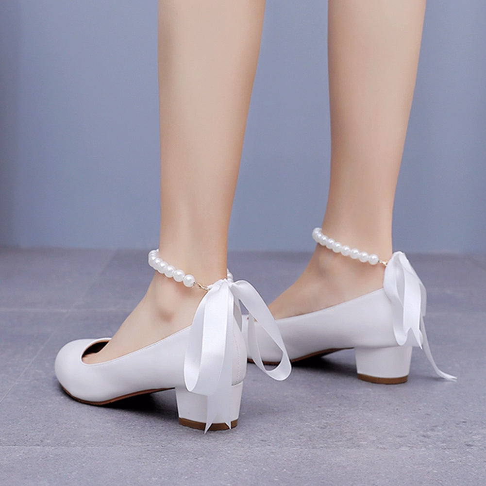 Round Toe Low Chunky Heels Beaded Wedding Shoes