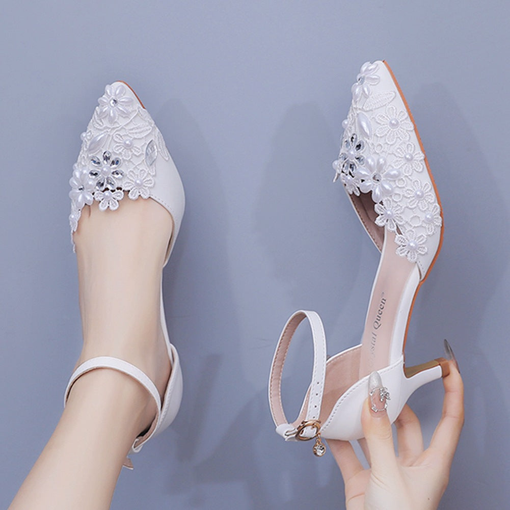 White Lace And Rhinestone Pointed Toe Wedding Shoes