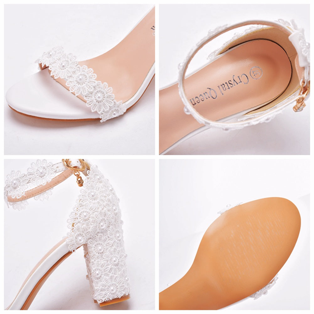 Open Toe Lace Pearl Ankle Strap Chunky Heel