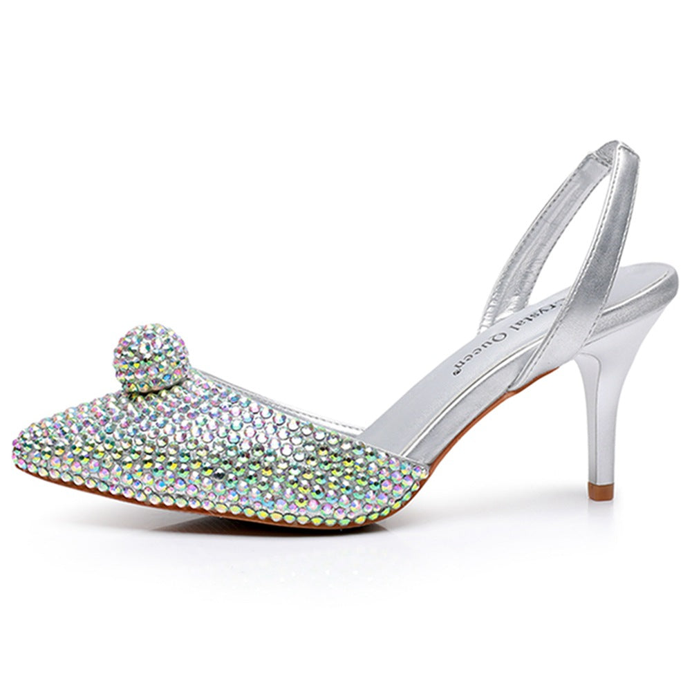 Glittering Rhinestone Ball Bead Pointed Toe High Heels