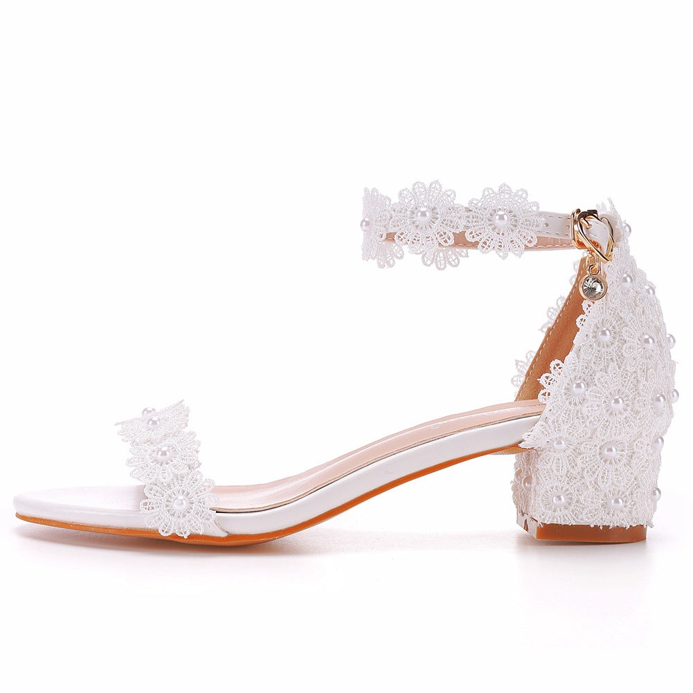 Open Toe Lace Pearl Ankle Strap Chunky Heel