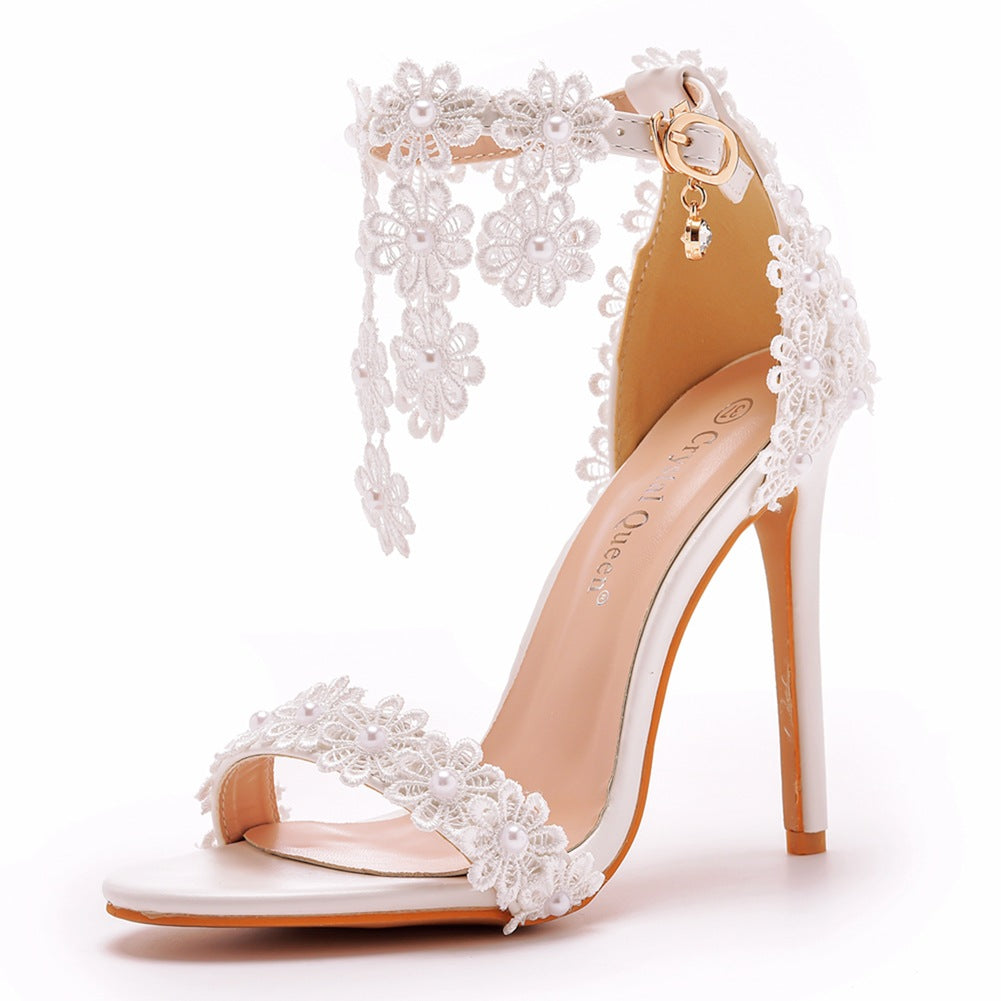 Open Toe White Lace Flowers Tassels Ankle-Strap Ultra High Heels