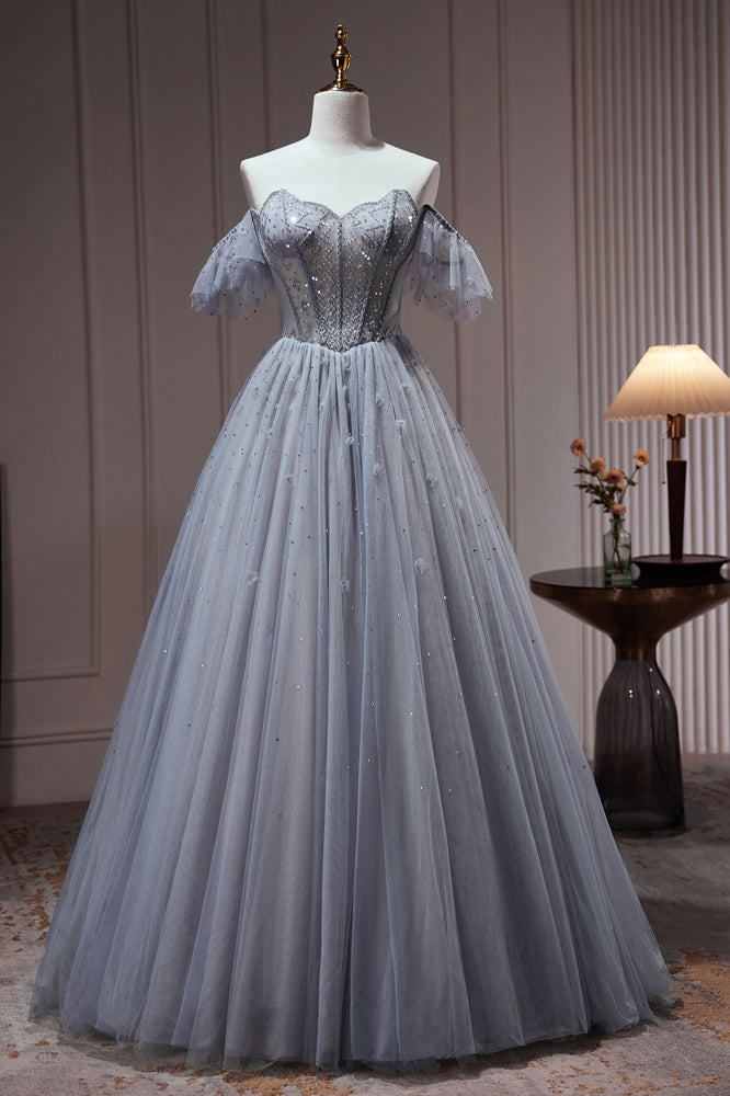 Chic Dusty Blue Beading Ball Gown Off The Shoulder A Line Tulle Long P