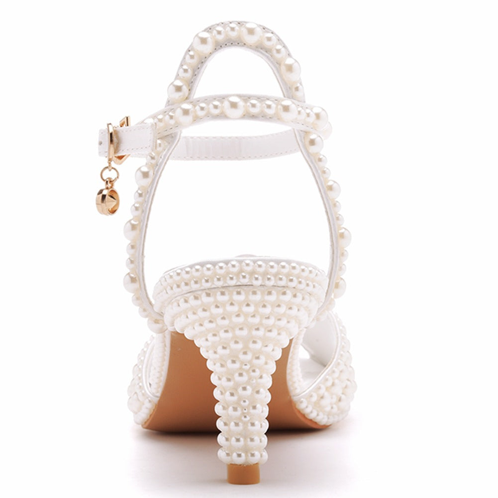 Satin Faux Pearl Peep Toe One-Strap High Heel Sandals