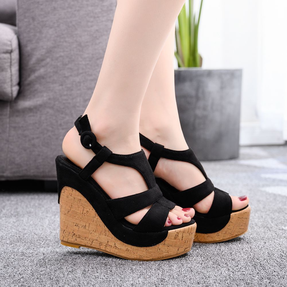 Suede Wood Grain Peep Toe Platform Wedges Sandals