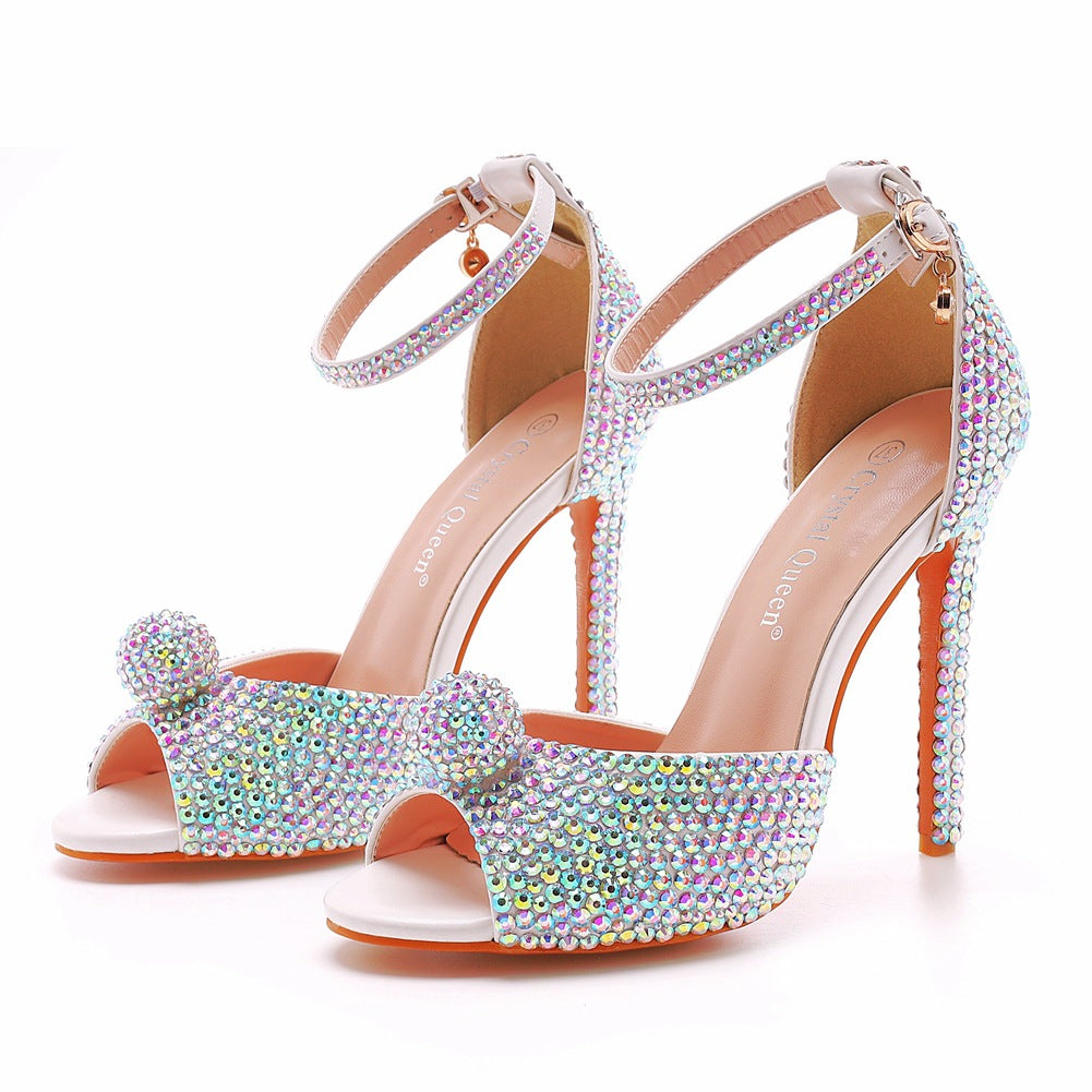 Peep Toe Rhinestone Ankle Strap Stiletto Heels