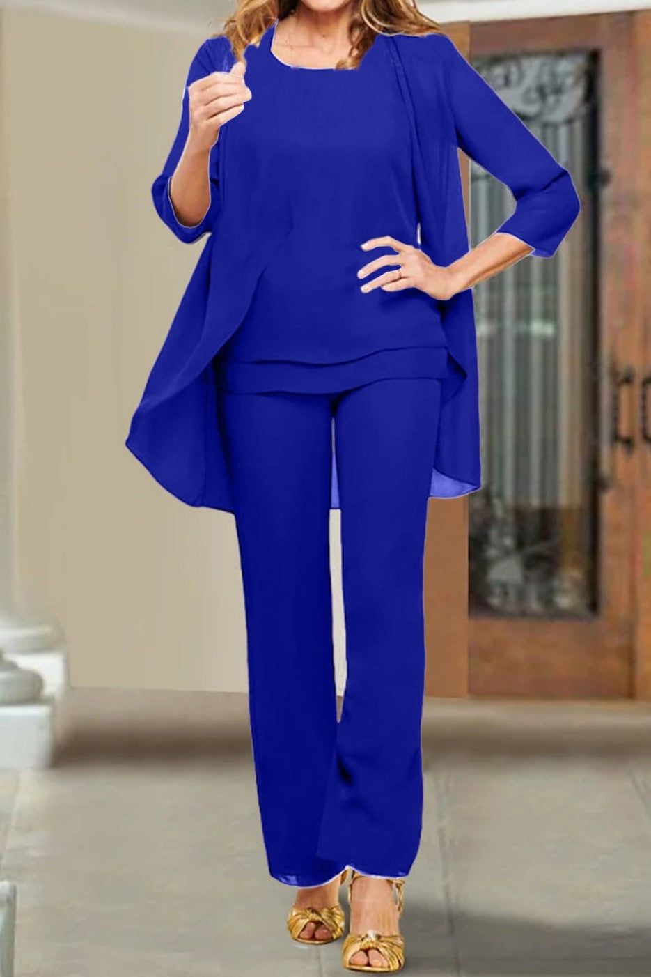 3 Pieces 3/4 Sleeves Chiffon Mother of The Bride Pantsuits