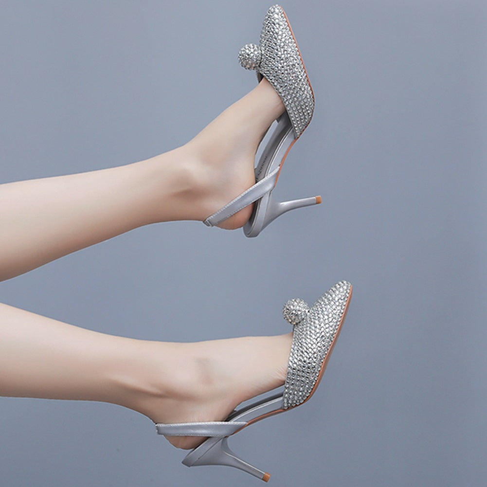 Glittering Rhinestone Ball Bead Pointed Toe High Heels