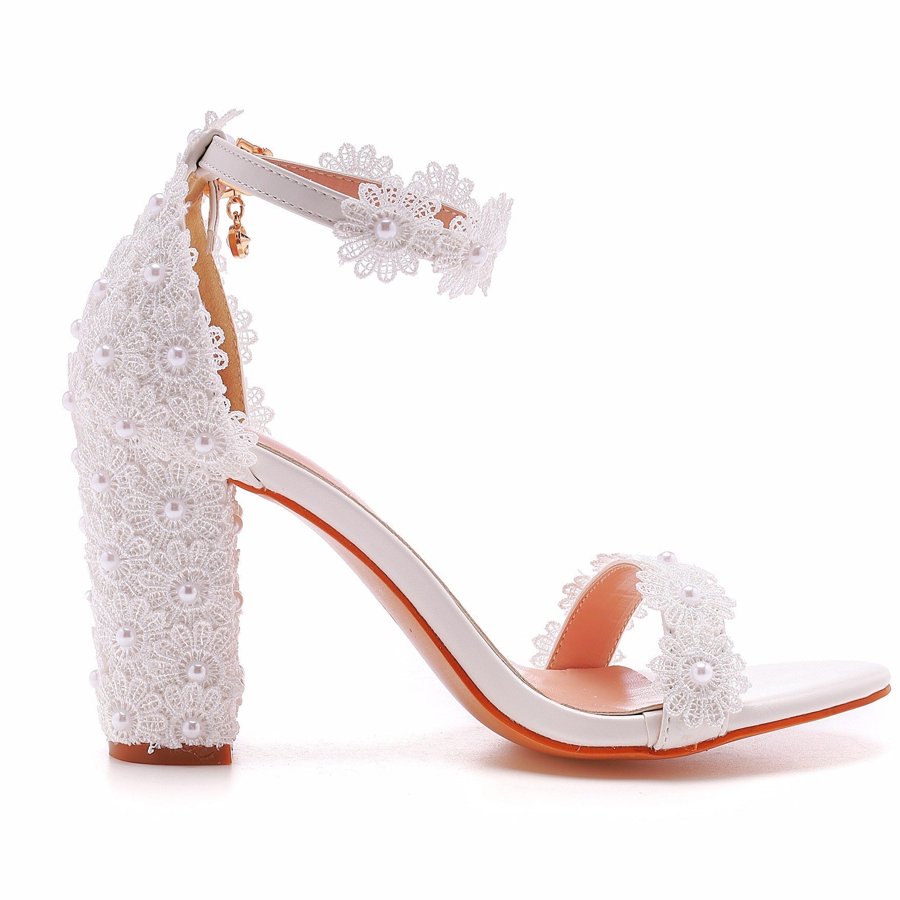 Open Toe Lace Pearl Ankle Strap Chunky Heel