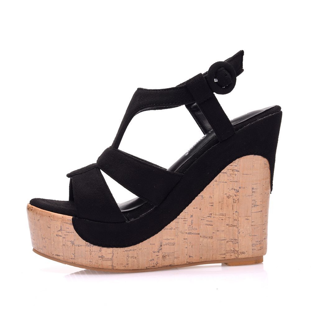 Suede Wood Grain Peep Toe Platform Wedges Sandals