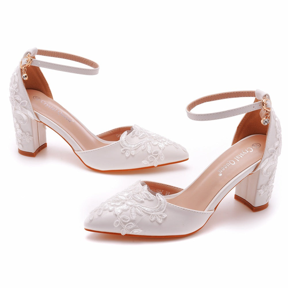 White Pointed Toe Lace Ankle Strap Chunky Heel