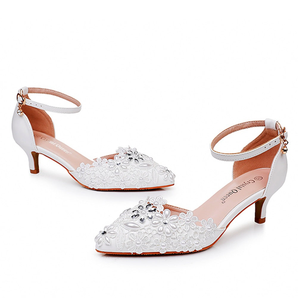 White Lace And Rhinestone Pointed Toe Wedding Shoes