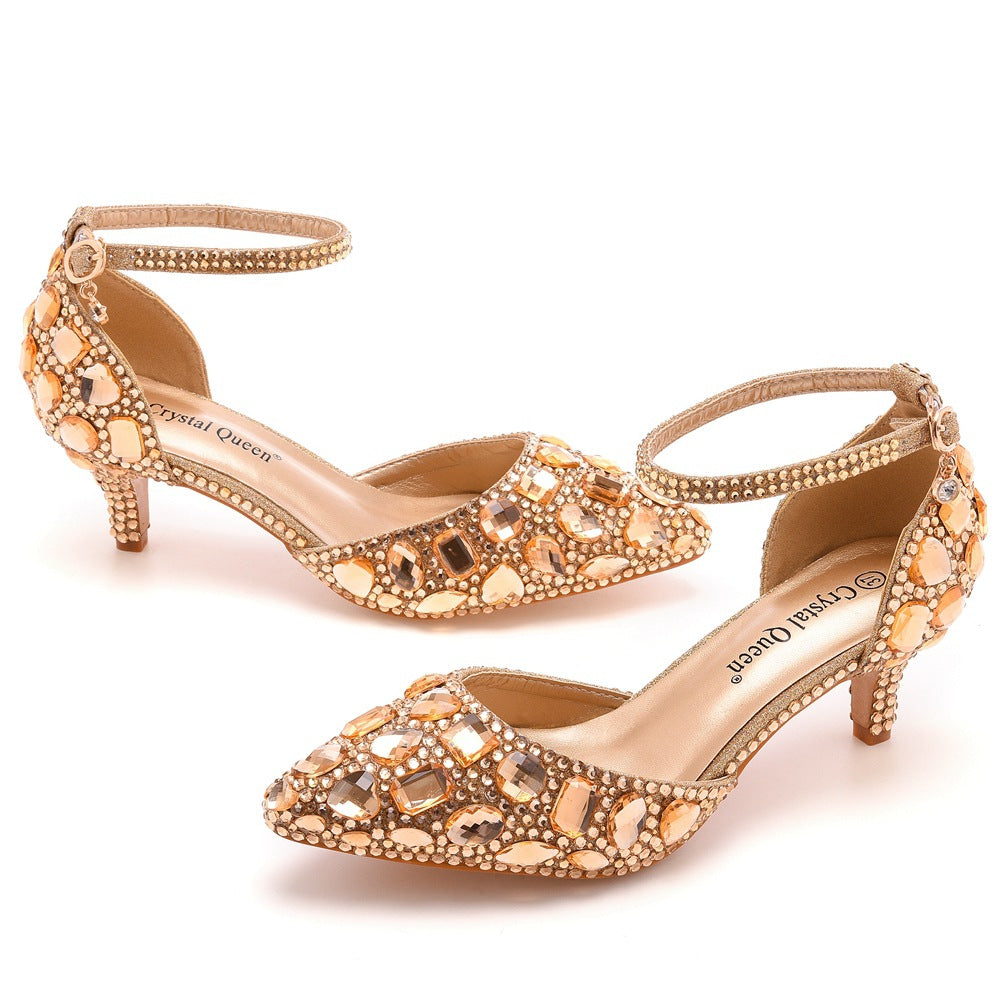 Pointed Toe Crystal Diamond Ankle Strap High Heel