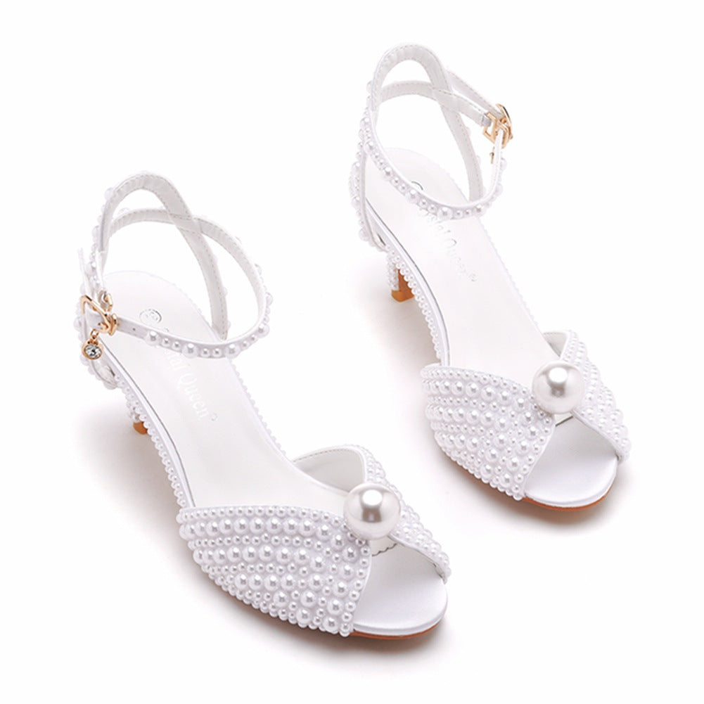 Satin Faux Pearl Peep Toe One-Strap High Heel Sandals