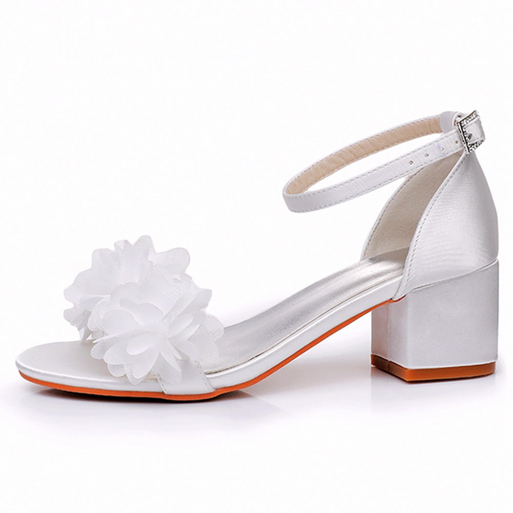 White Floral Satin Open Toe Low Chunky Heels