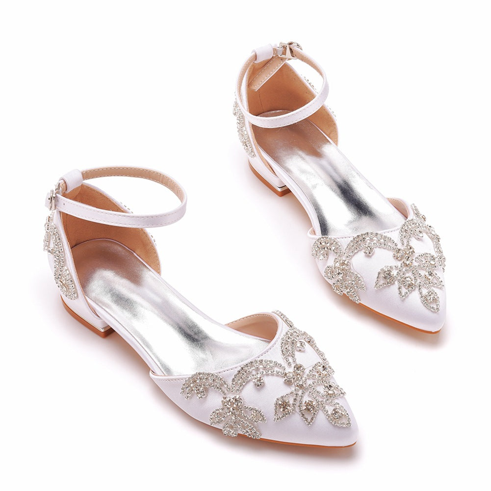 White Satin Rhinestone Flowers Pointed Toe Chunky Heels