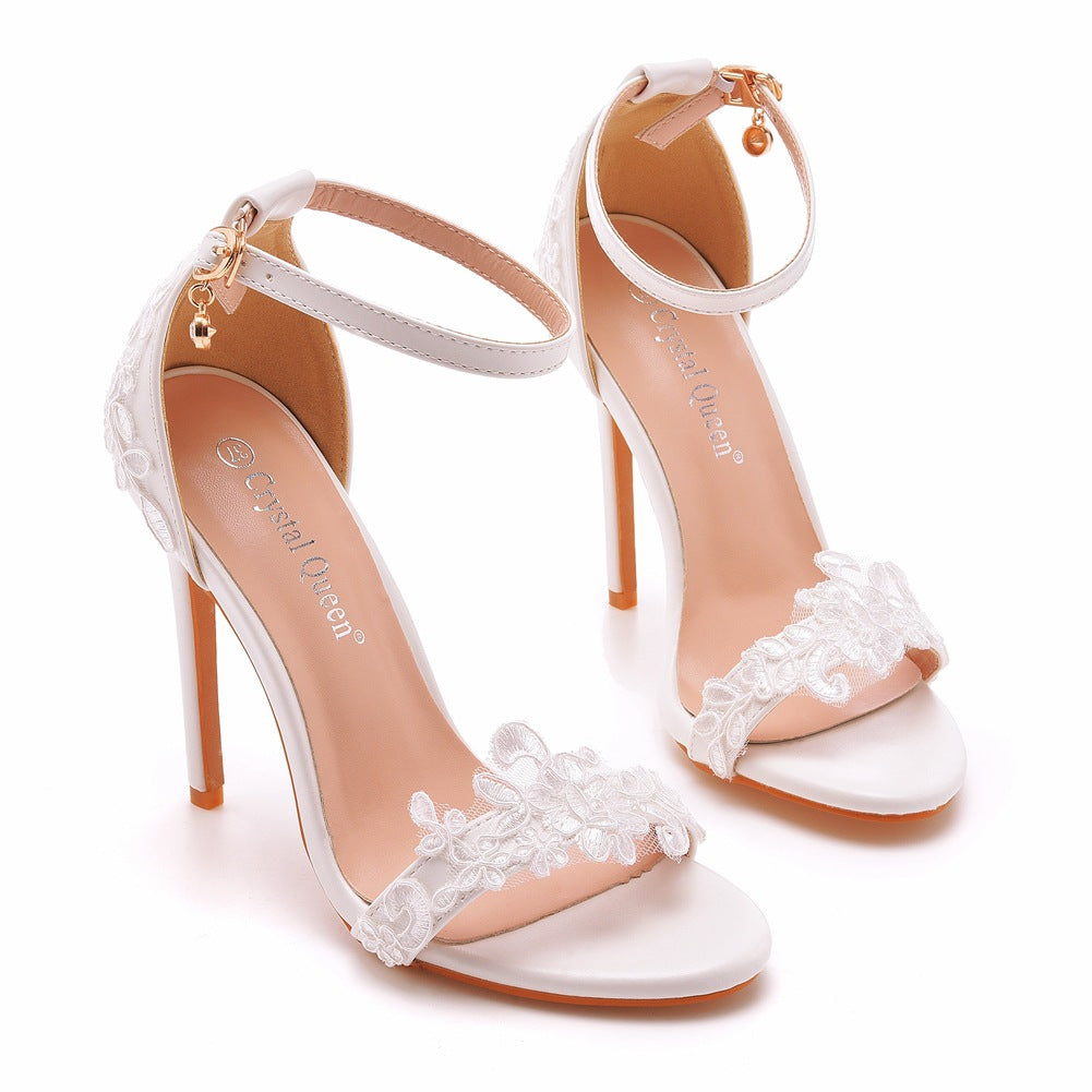 Open Toe Lace Ankle Strap Wedding High Heel