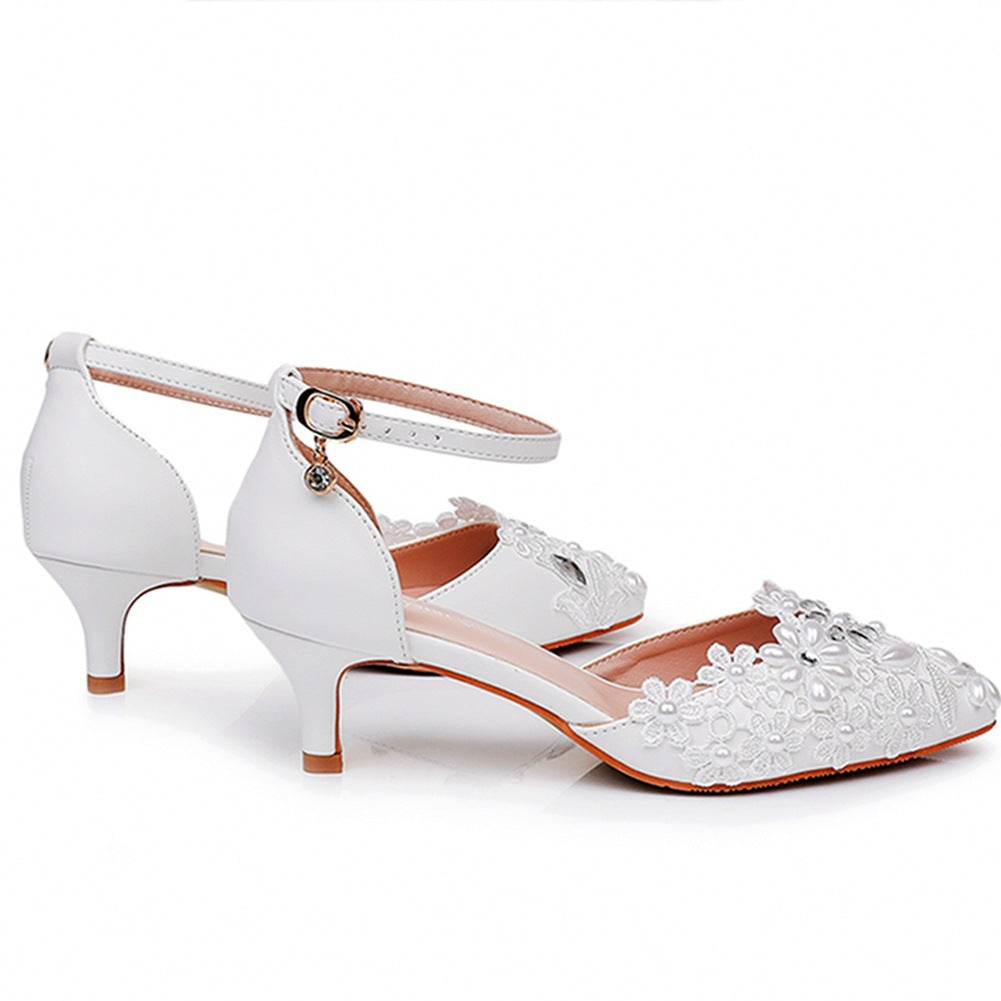 White Lace And Rhinestone Pointed Toe Wedding Shoes