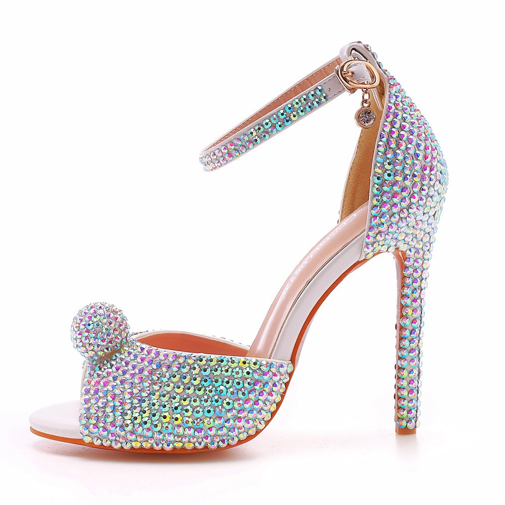 Peep Toe Rhinestone Ankle Strap Stiletto Heels