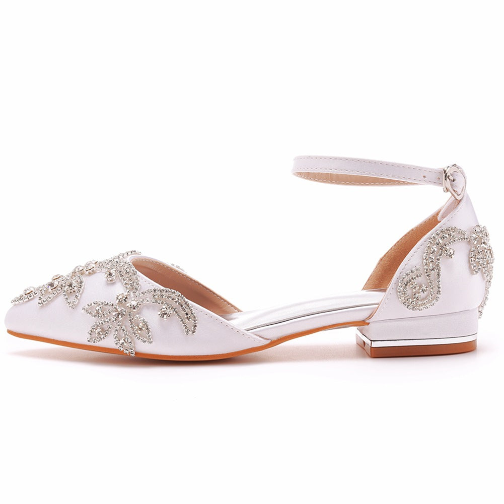 White Satin Rhinestone Flowers Pointed Toe Chunky Heels