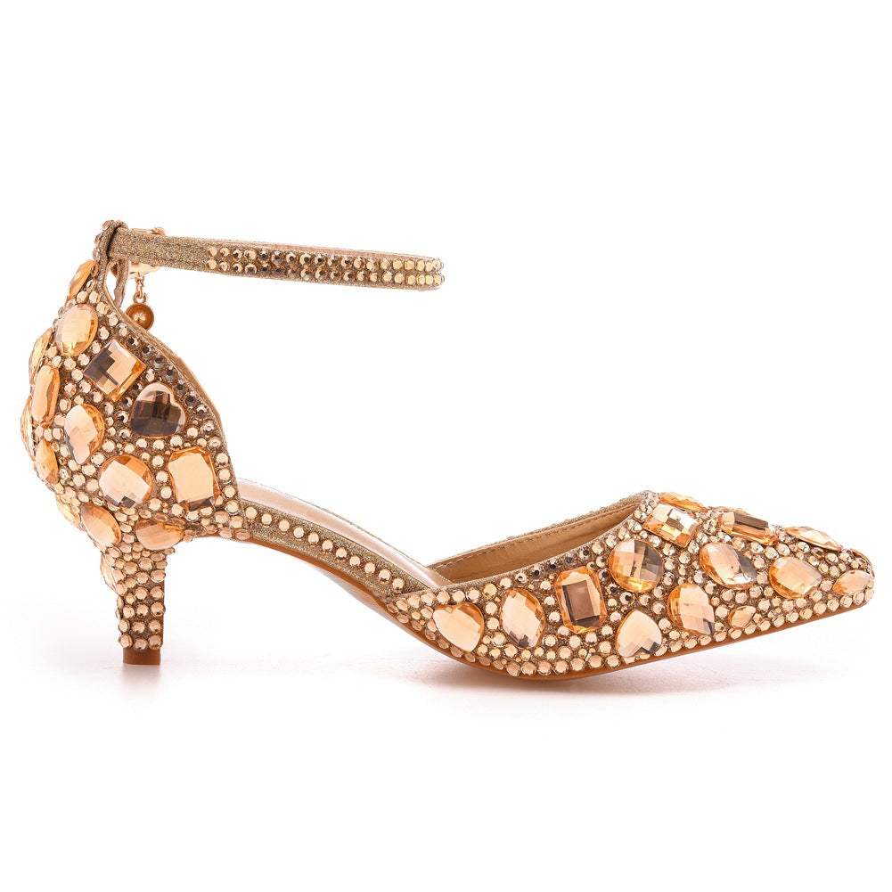 Pointed Toe Crystal Diamond Ankle Strap High Heel