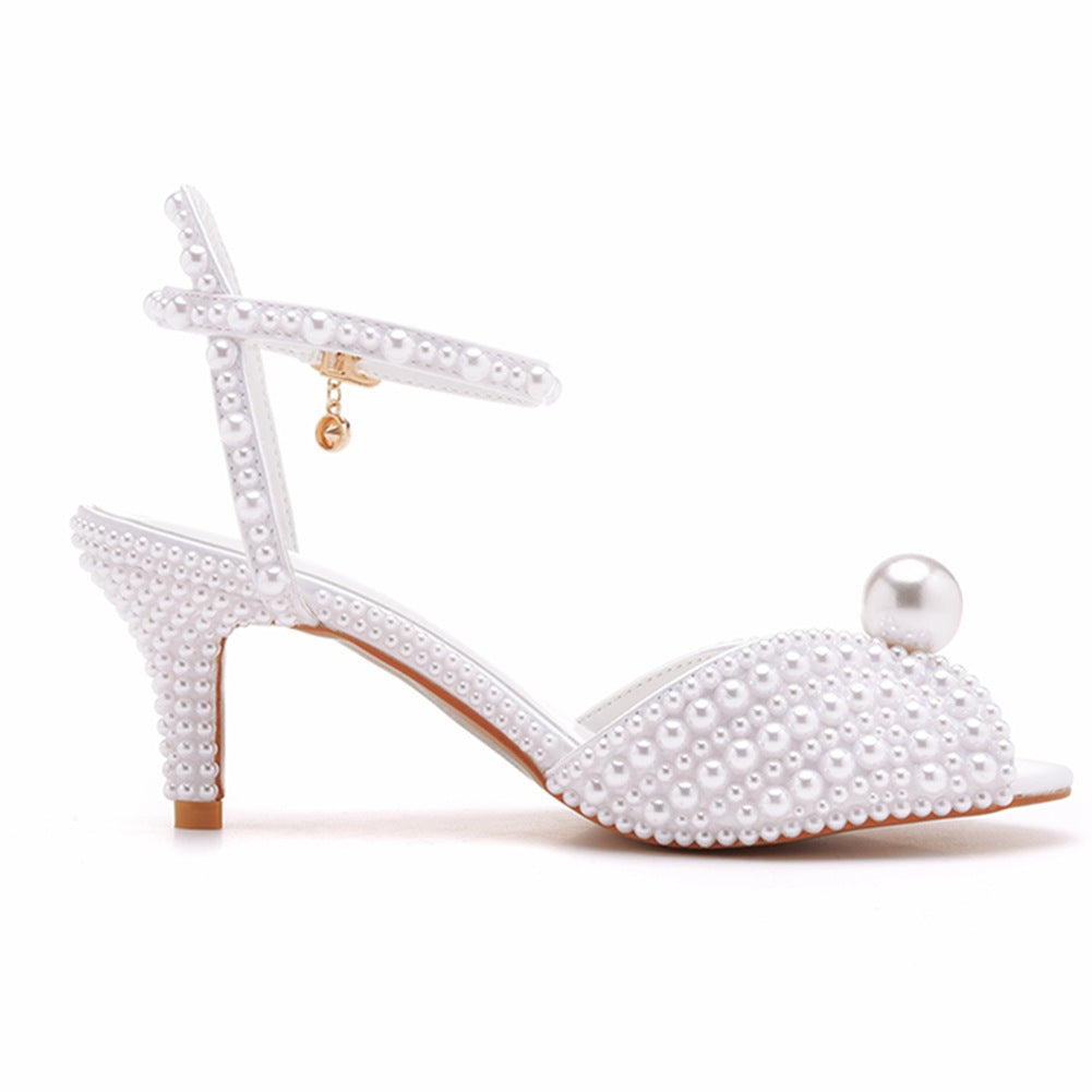 Satin Faux Pearl Peep Toe One-Strap High Heel Sandals