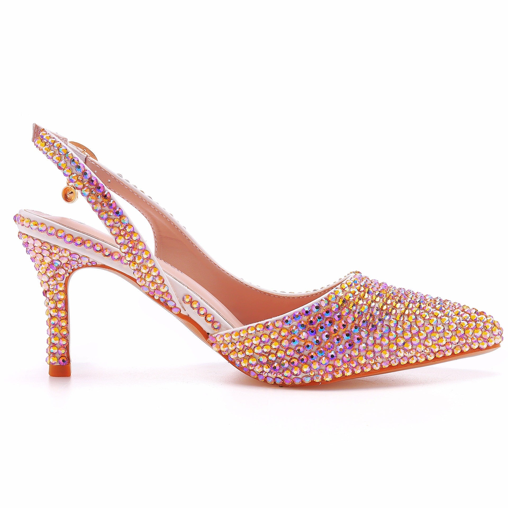 Pointed-Toe Colored Rhinestone Slingback High Heels