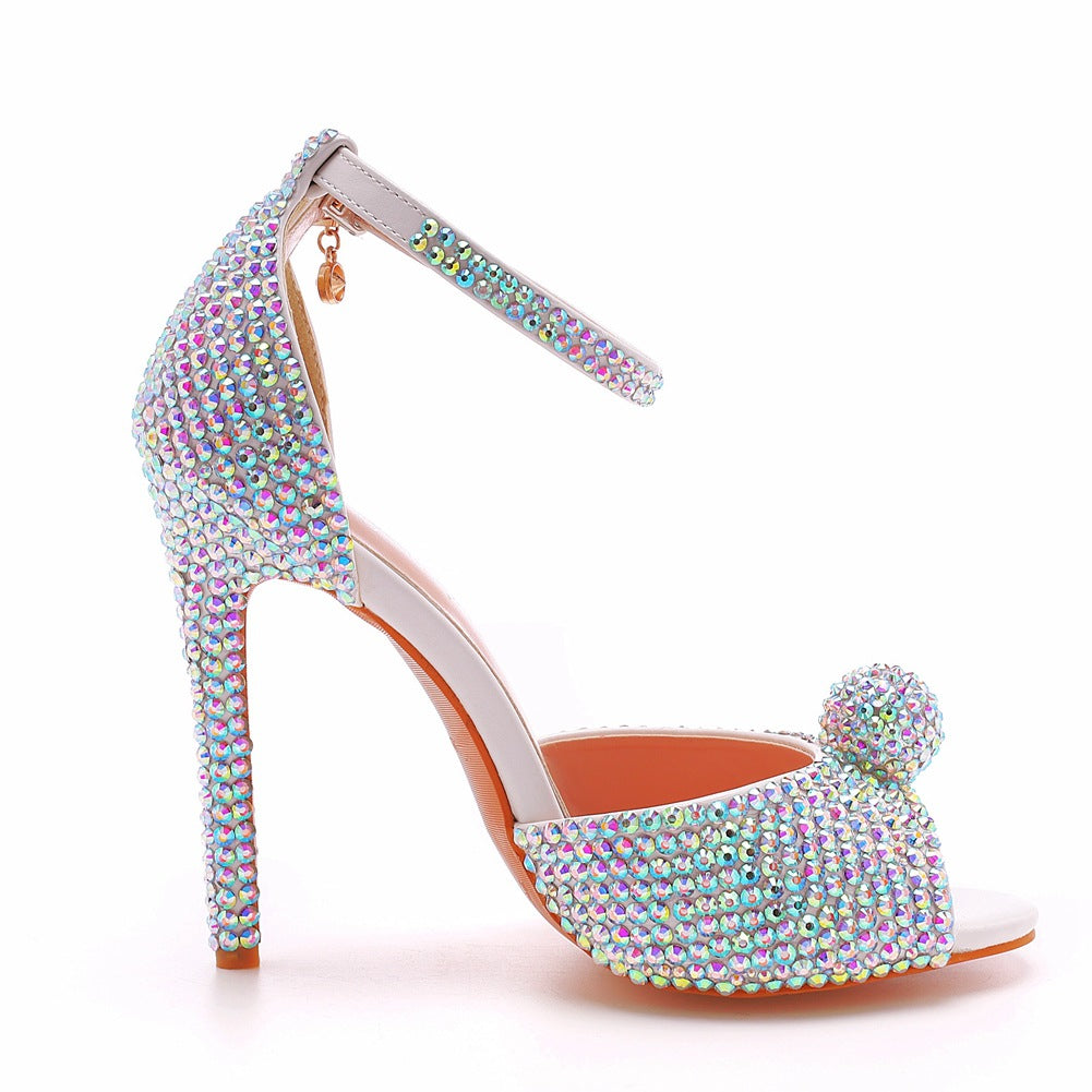 Peep Toe Rhinestone Ankle Strap Stiletto Heels