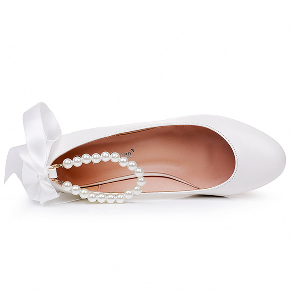 Round Toe Low Chunky Heels Beaded Wedding Shoes