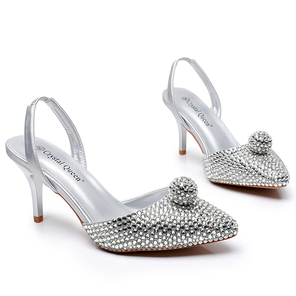 Glittering Rhinestone Ball Bead Pointed Toe High Heels