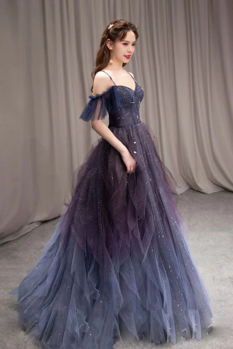 A line Dark Purple Ombre Tulle Evening Party Dresses Long Prom Dresses