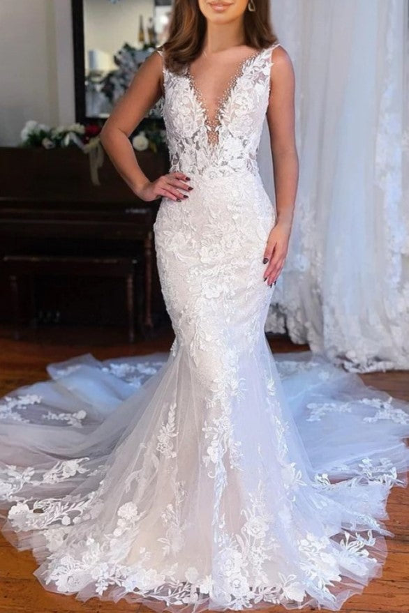 Charming V-Neck Mermaid Lace Long Wedding Dress