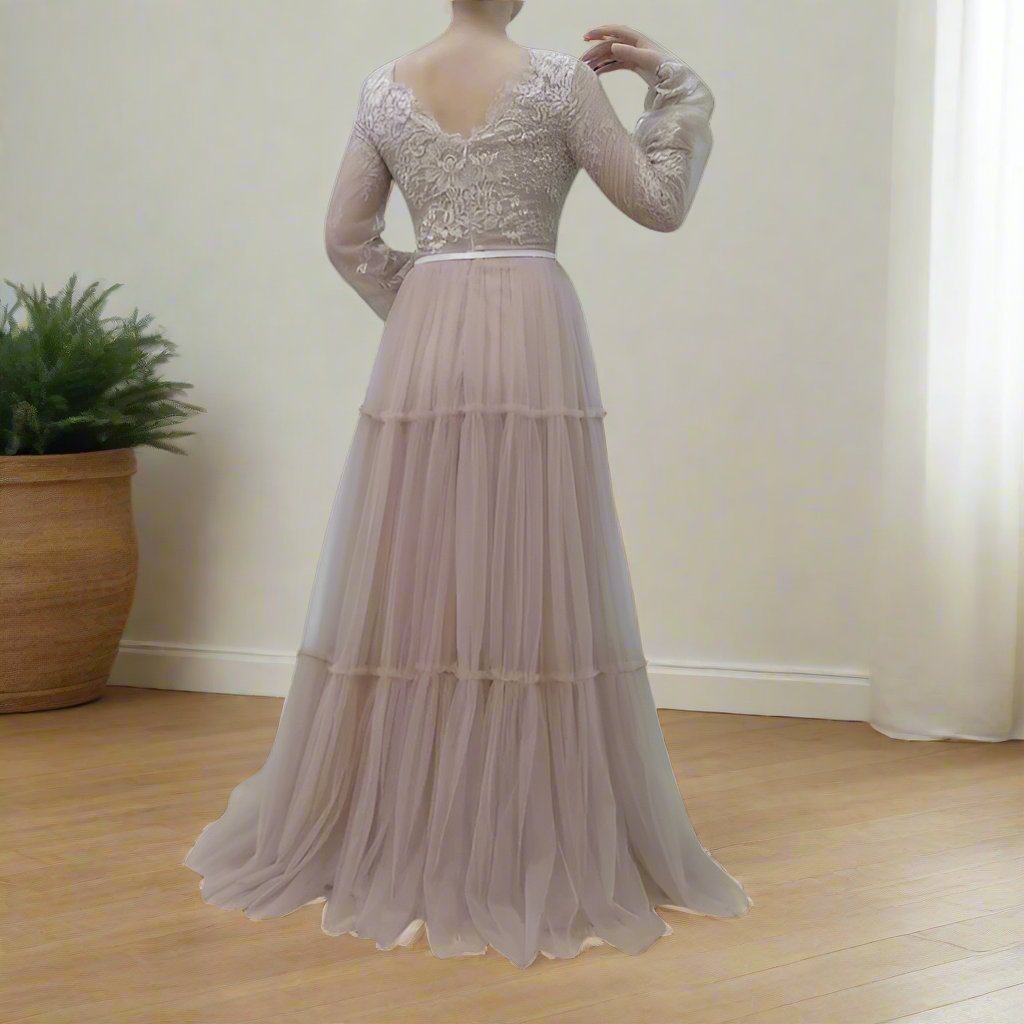 Chic V-neck Flowy Tulle Long Sleeves Floor Length Wedding Dress