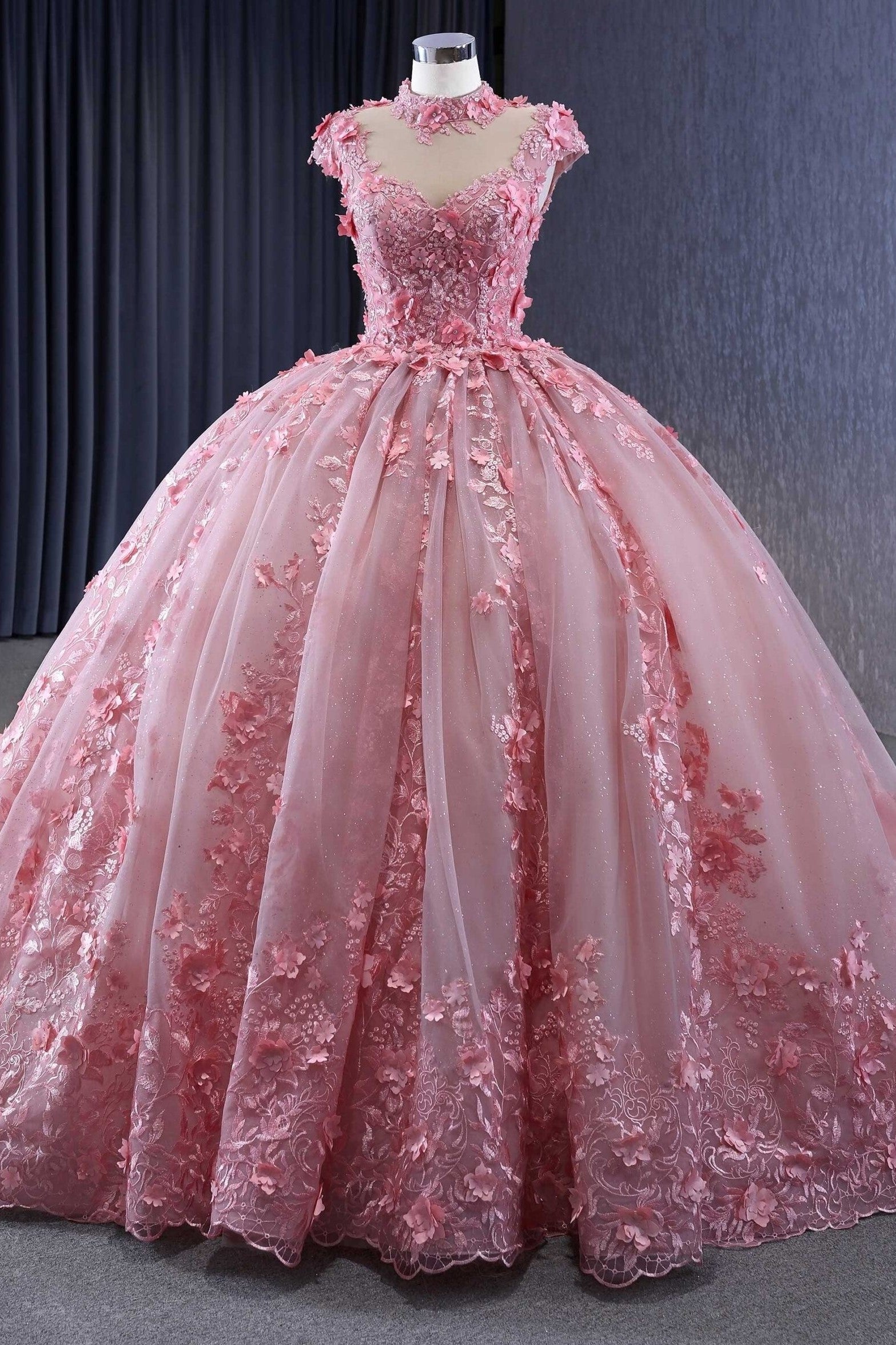 Classic Pink Cap Sleeves Quinceanera Dresses Sheer Neck Appliques Ball