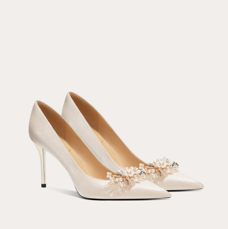 Elegant High Heels with Pearls Wedding Shoes