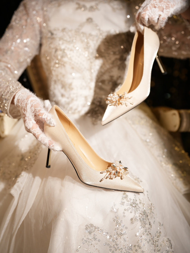 Elegant High Heels with Pearls Wedding Shoes