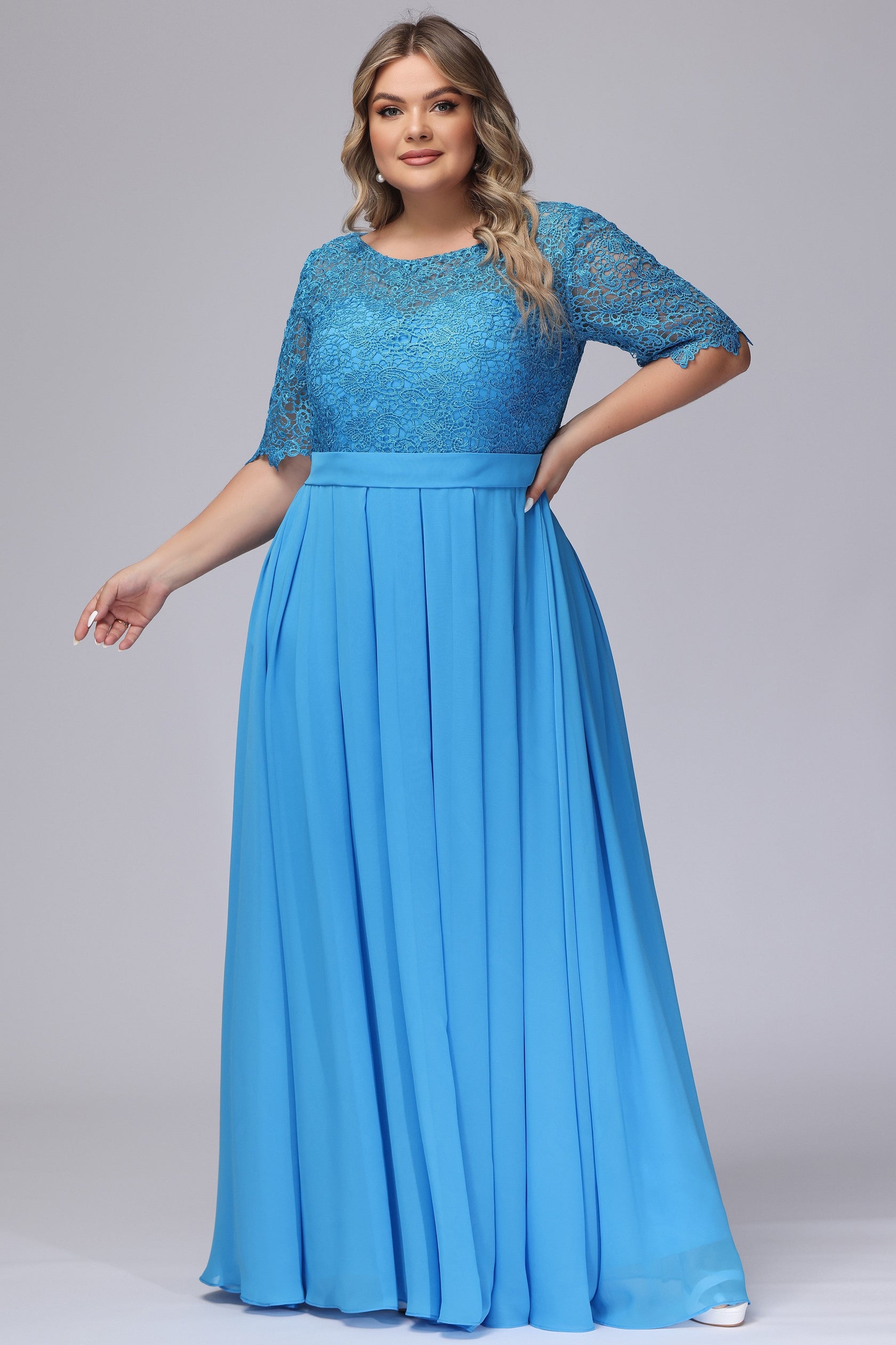 Ocean Blue Half Sleeves Scoop Lace Mother of the Bride Dresses