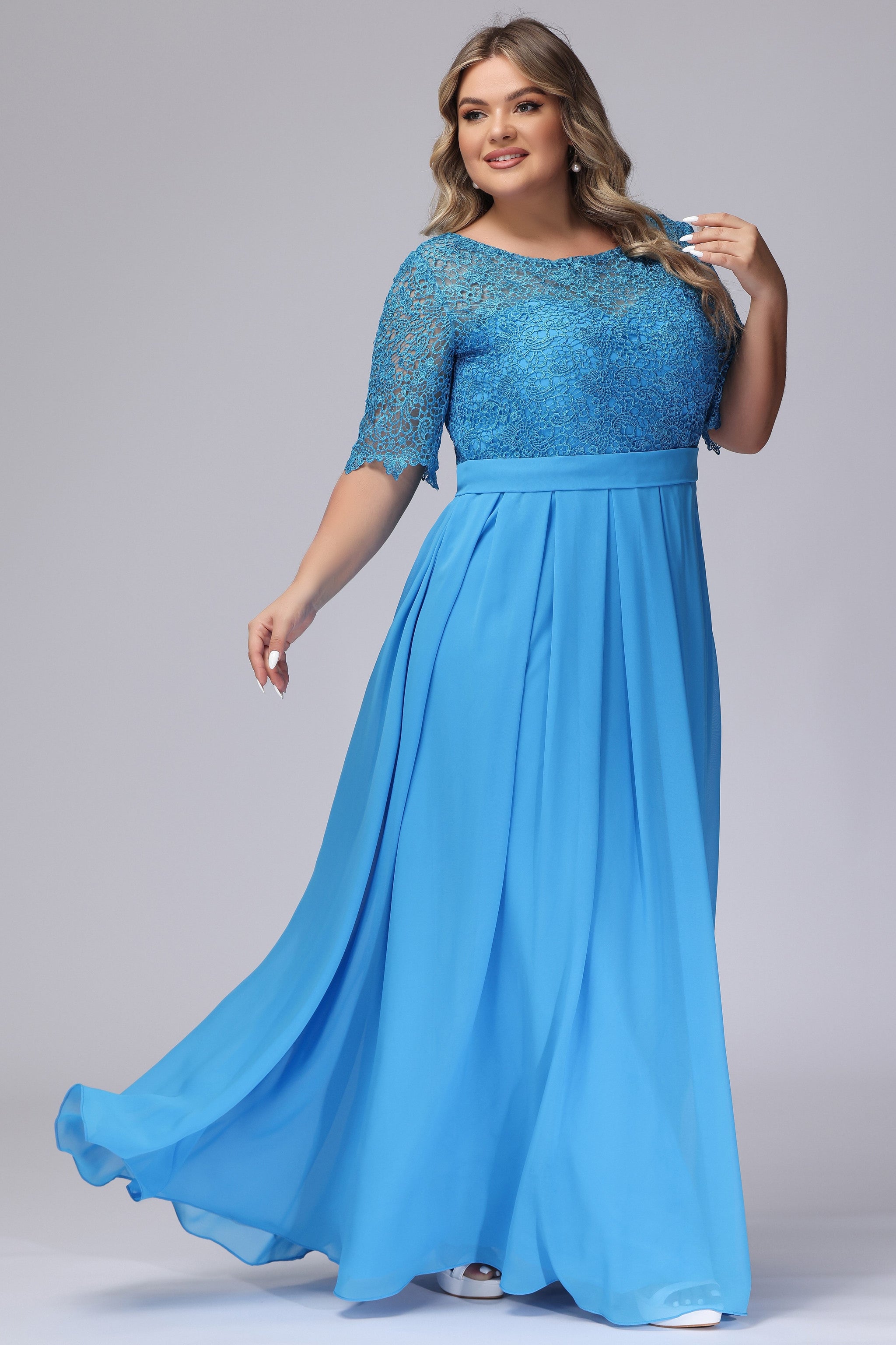 Ocean Blue Half Sleeves Scoop Lace Mother of the Bride Dresses