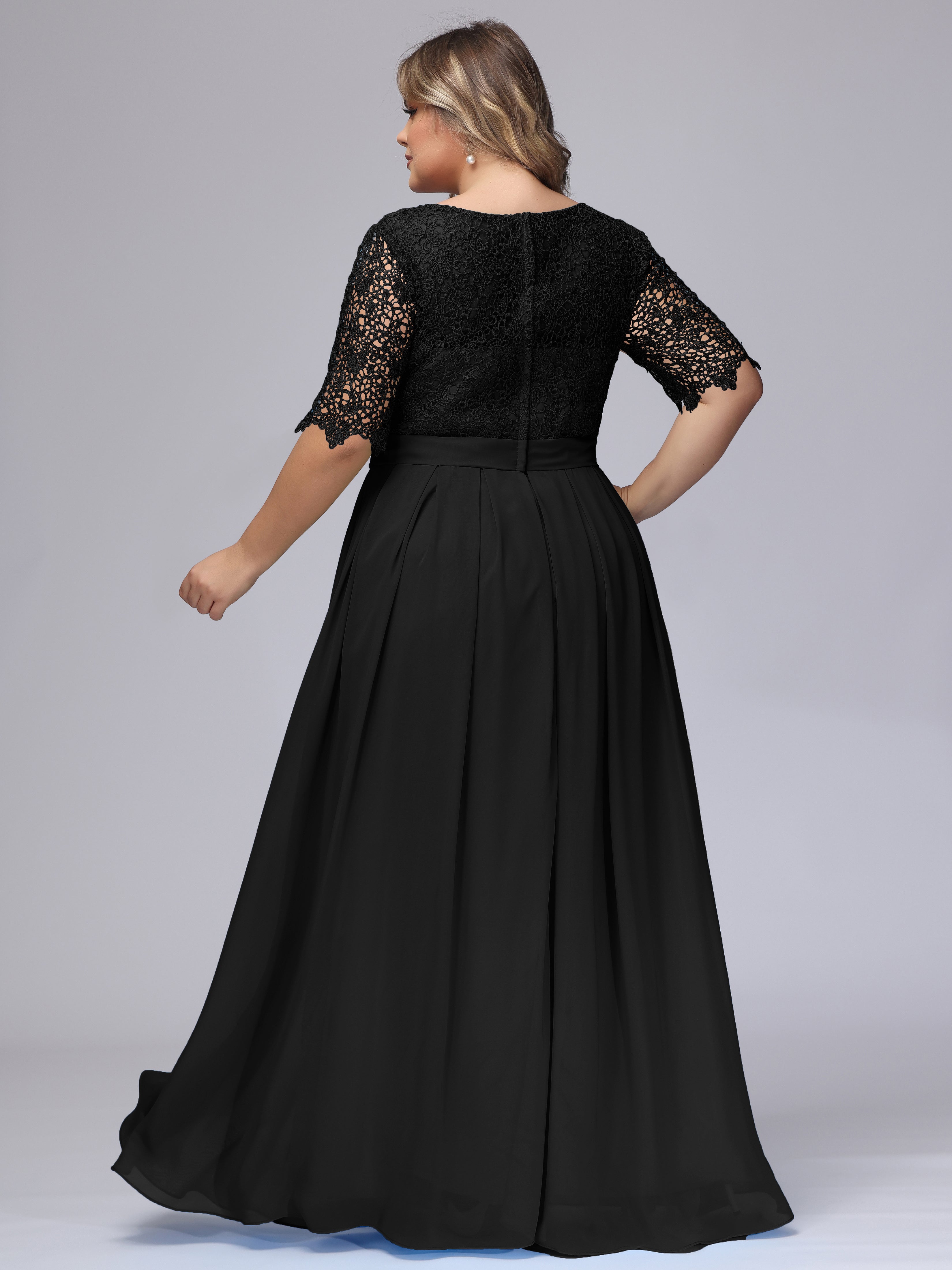 Half Sleeves Scoop Lace Long Plus Size Bridesmaid Dresses