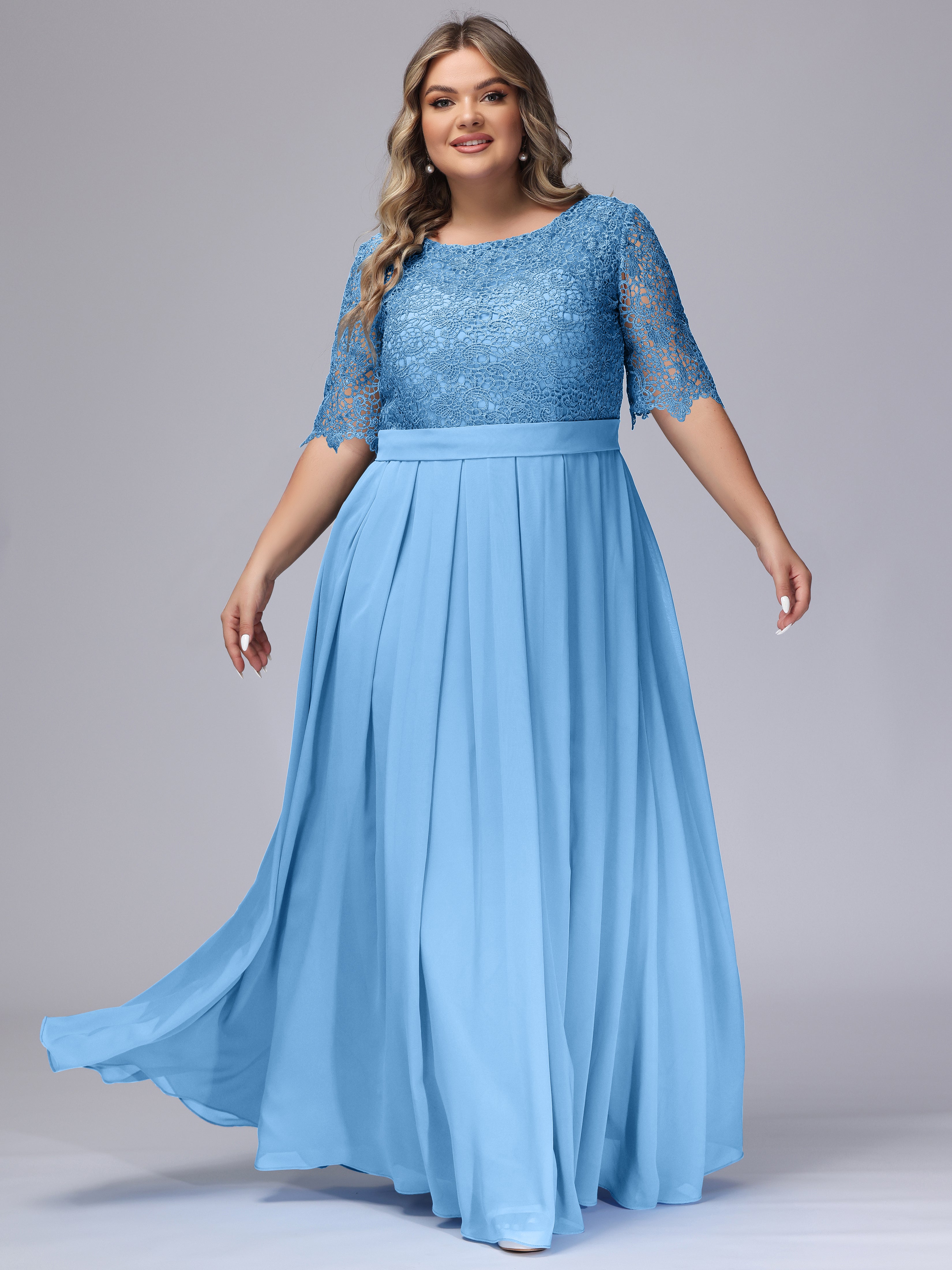 Half Sleeves Scoop Lace Long Plus Size Bridesmaid Dresses