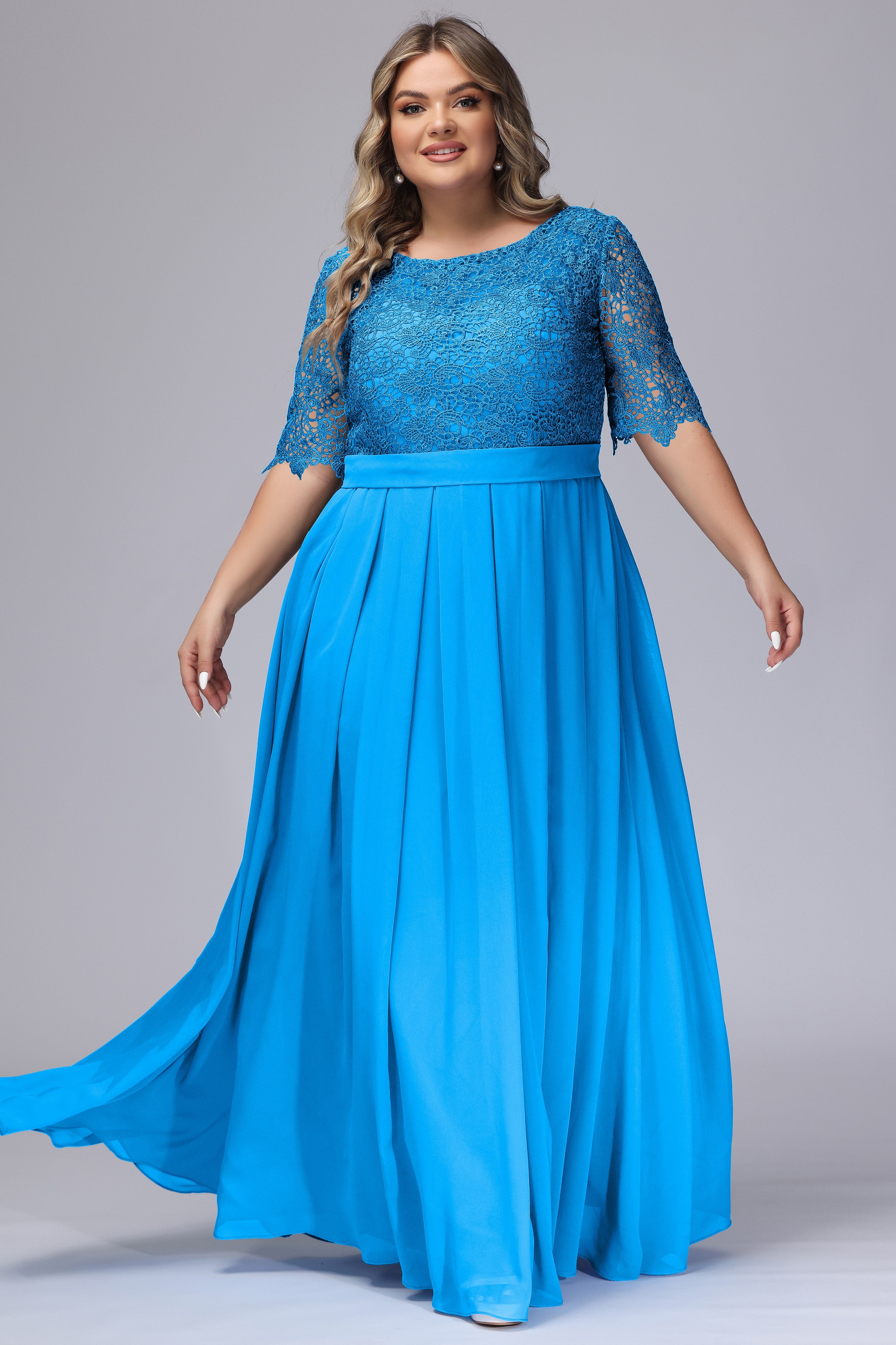 Half Sleeves Scoop Lace Long Plus Size Bridesmaid Dresses