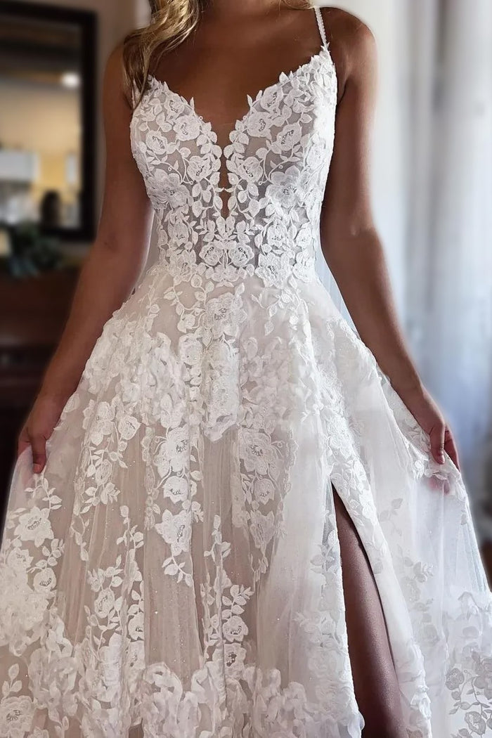 Spaghetti Straps A Line V Neck Lace Appliques Wedding Dress 7515