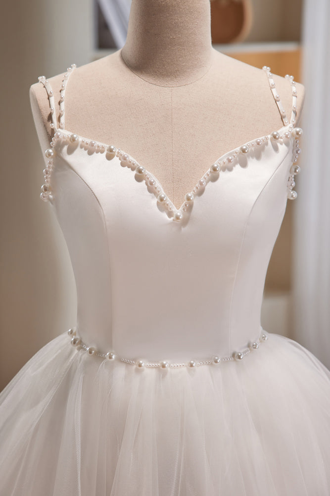 Simple White Spaghetti Straps Beading Tulle Short Homecoming Dresses